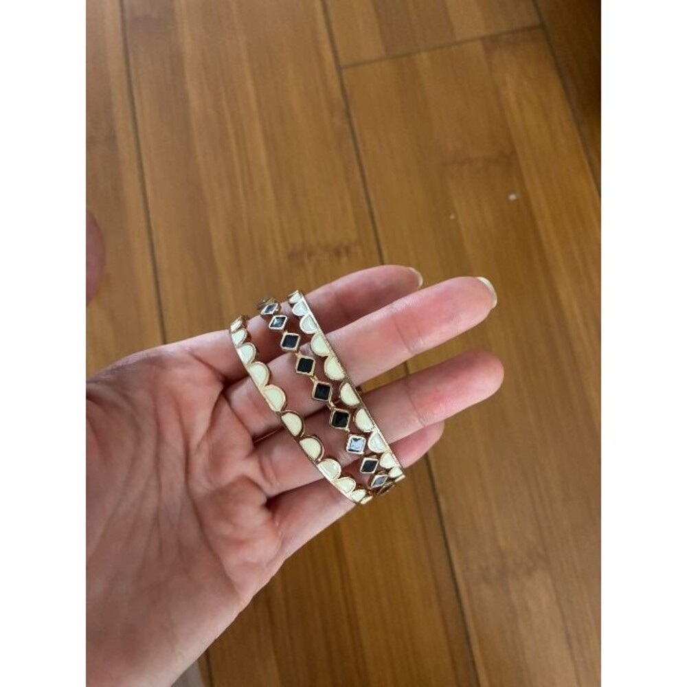 3x Gold Tone Bangles Bracelets With Diamond Shapes Black And Cream